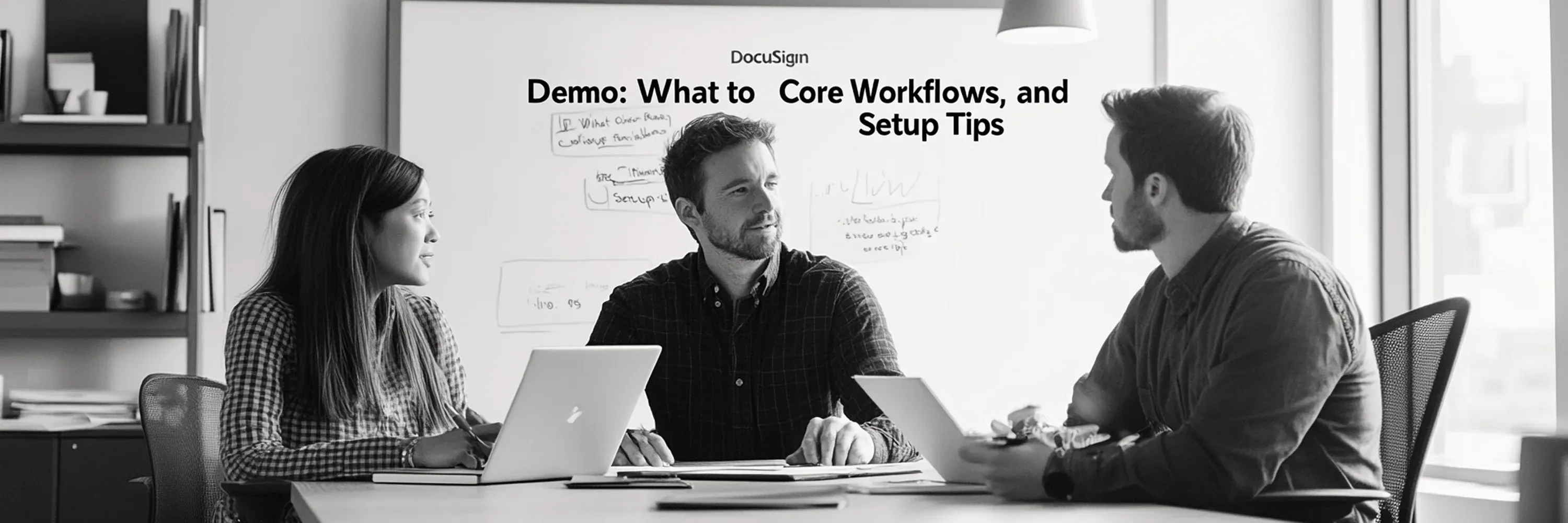 A group of three people sit together in a meeting room discussing a DocuSign demo, with laptops open and a whiteboard behind them