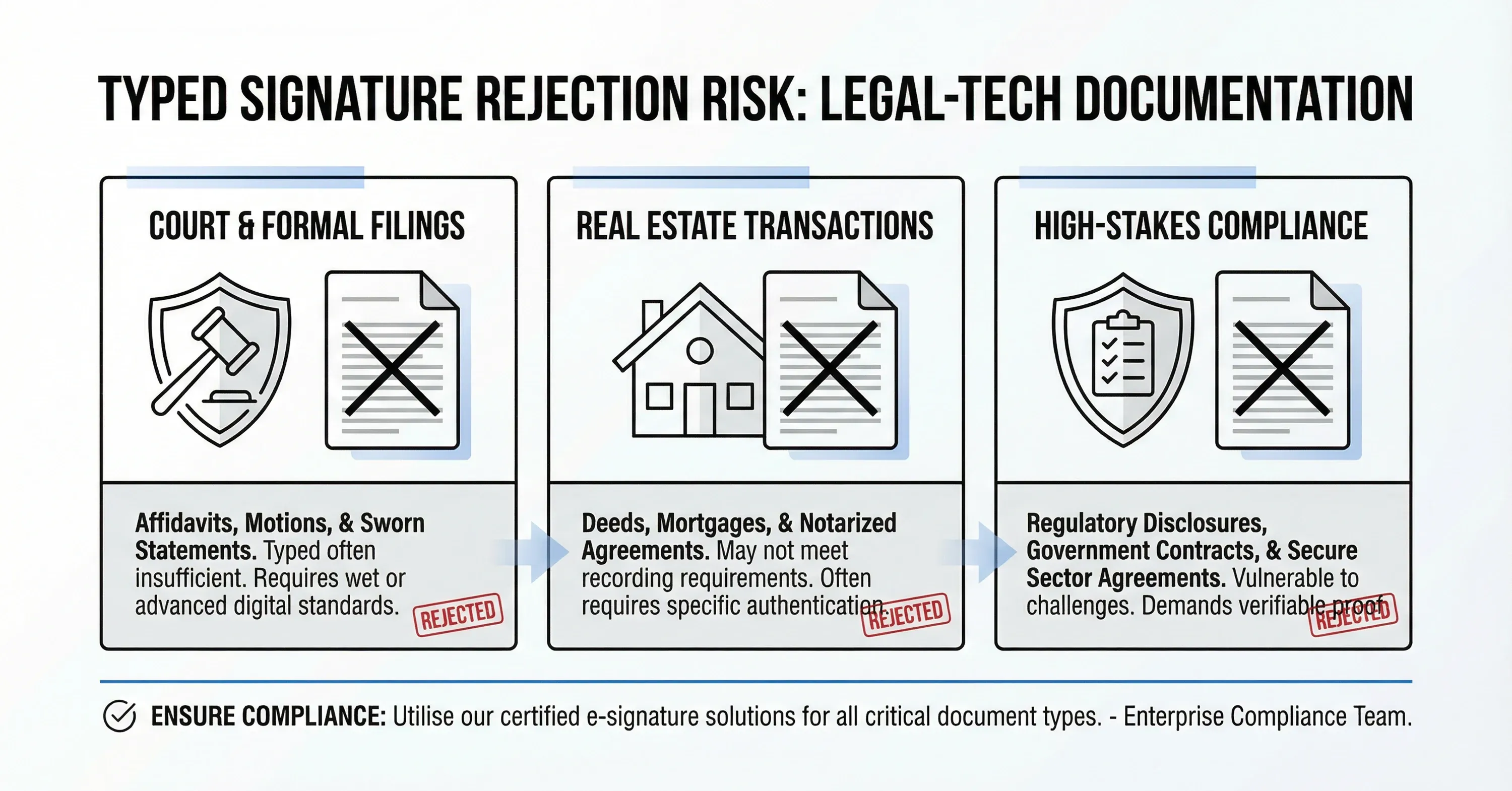 An infographic illustrating scenarios where typed signatures may be rejected, including court filings, real estate transactions, and high-stakes compliance documents
