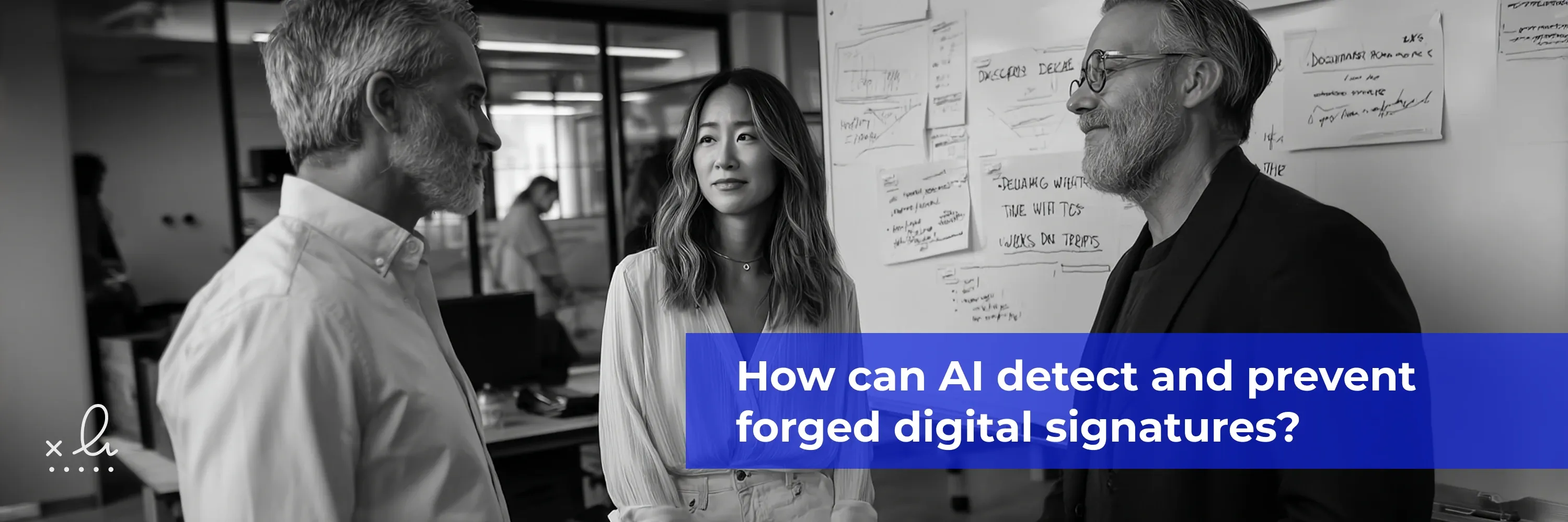 Business professionals discussing document security as AI tools detect and prevent forged digital signatures