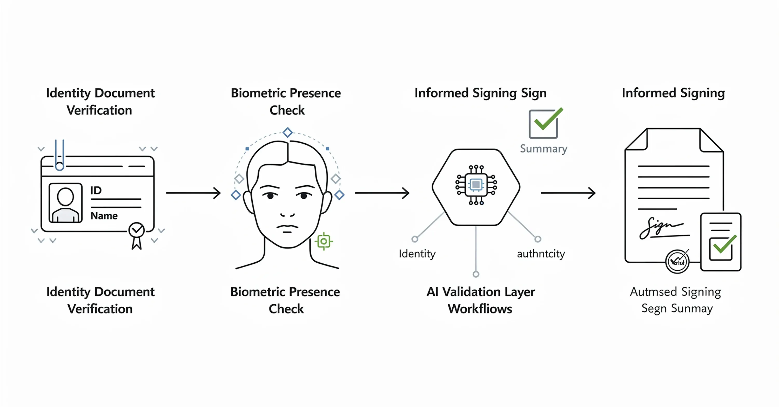 Diagram showing an AI-powered digital signature workflow with identity document verification, biometric presence check, AI validation, and informed automated signing
