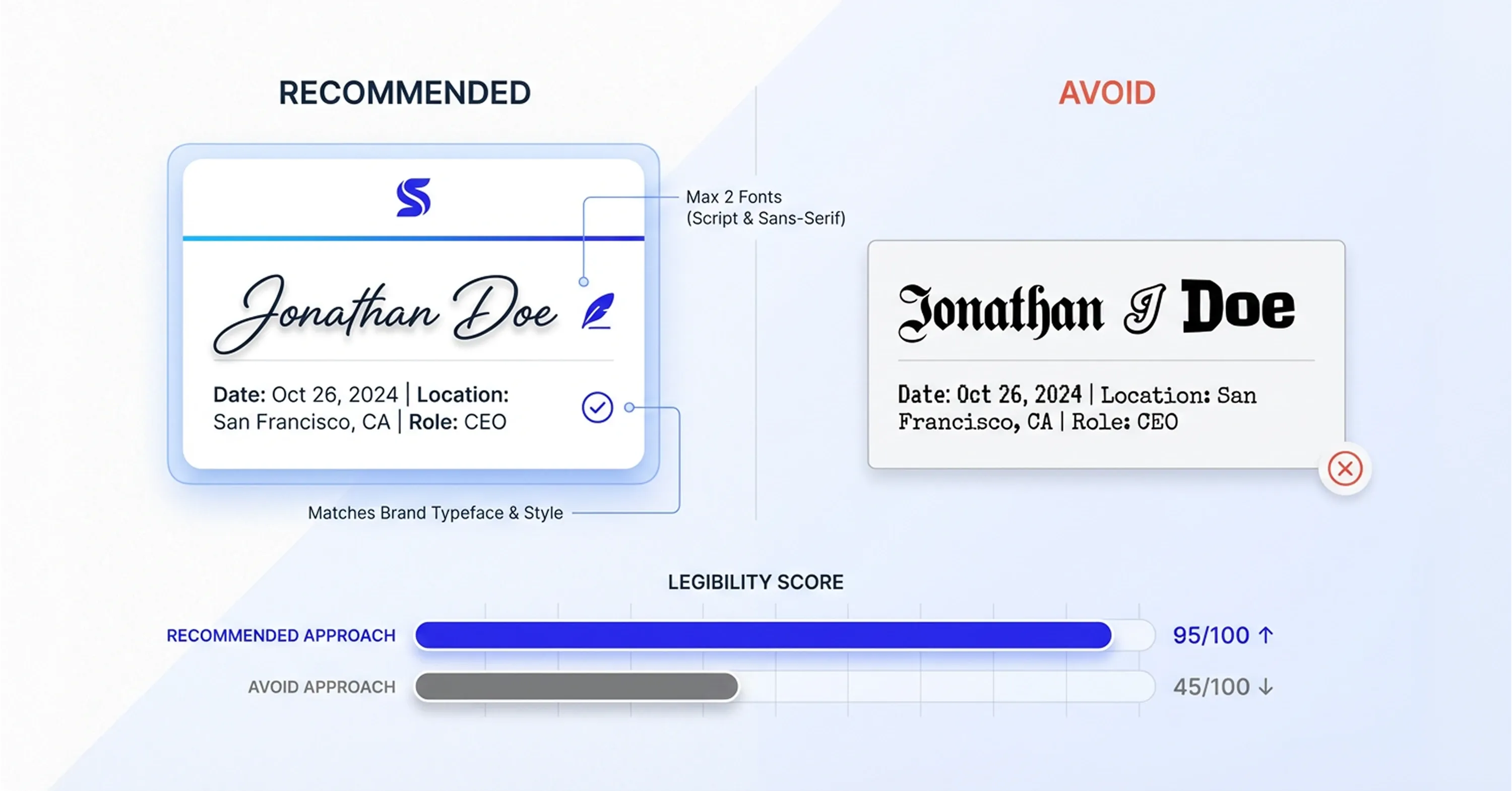 Comparison of professional e-signature design showing recommended clean font versus hard-to-read signature with legibility scores.