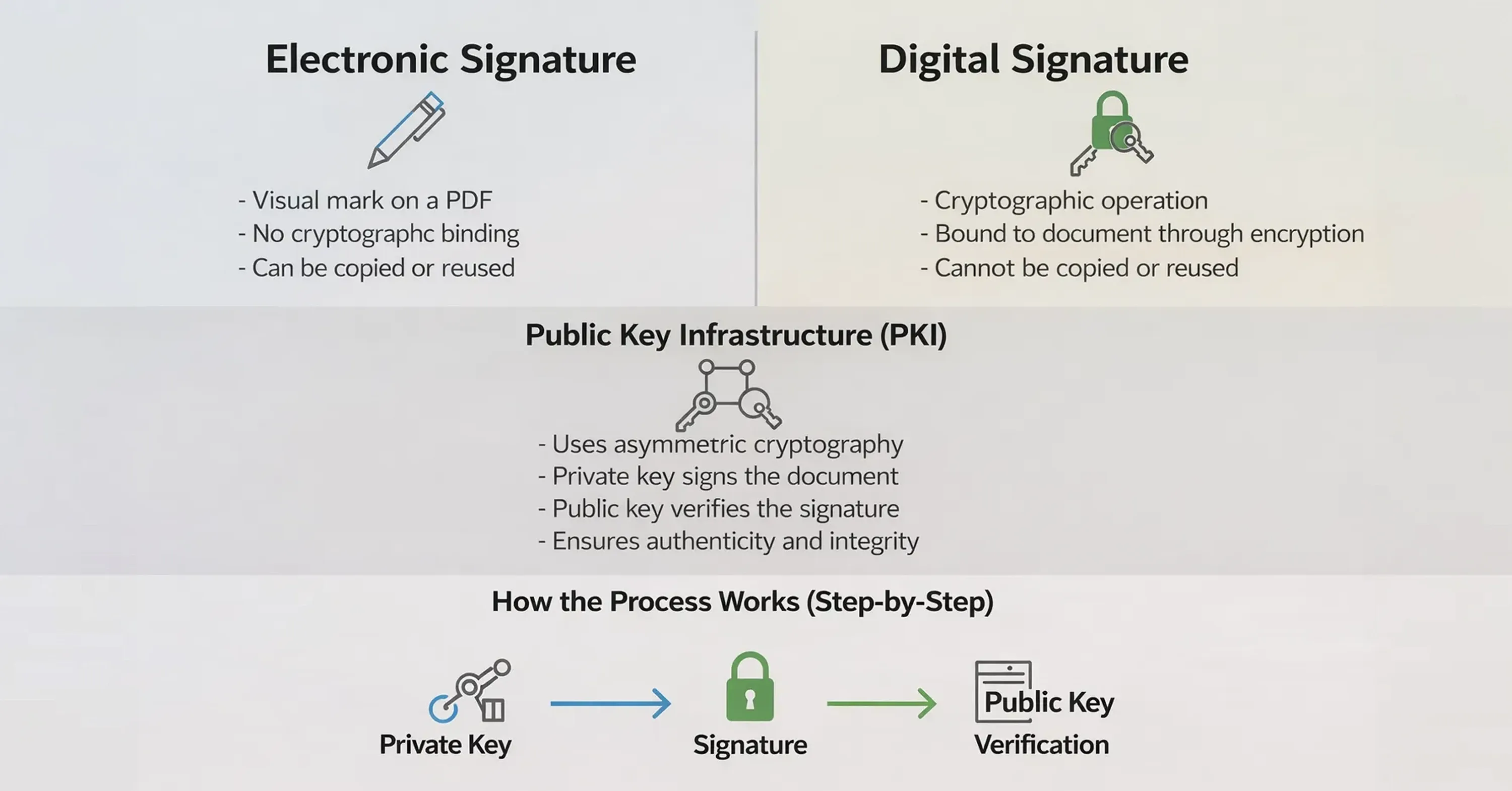 An infographic compares electronic and digital signatures, explaining cryptographic binding, PKI, and how private and public keys ensure document authenticity and integrity