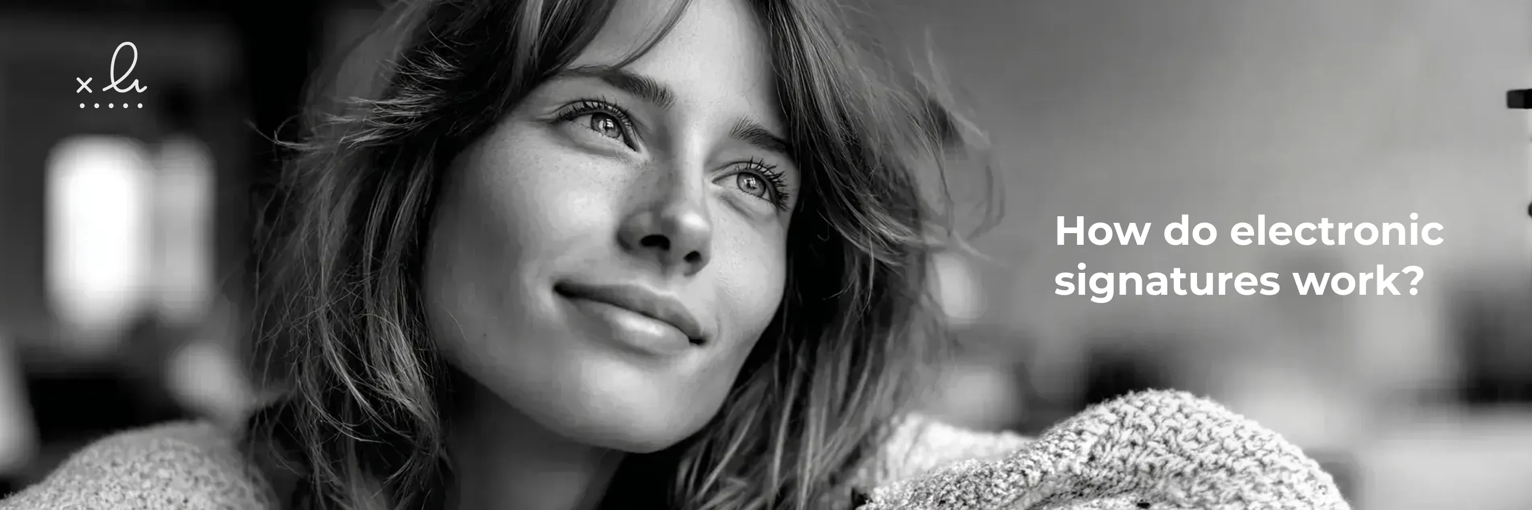 Close-up of professional woman with text “How do electronic signatures work?” representing digital signing process and e-signature technology