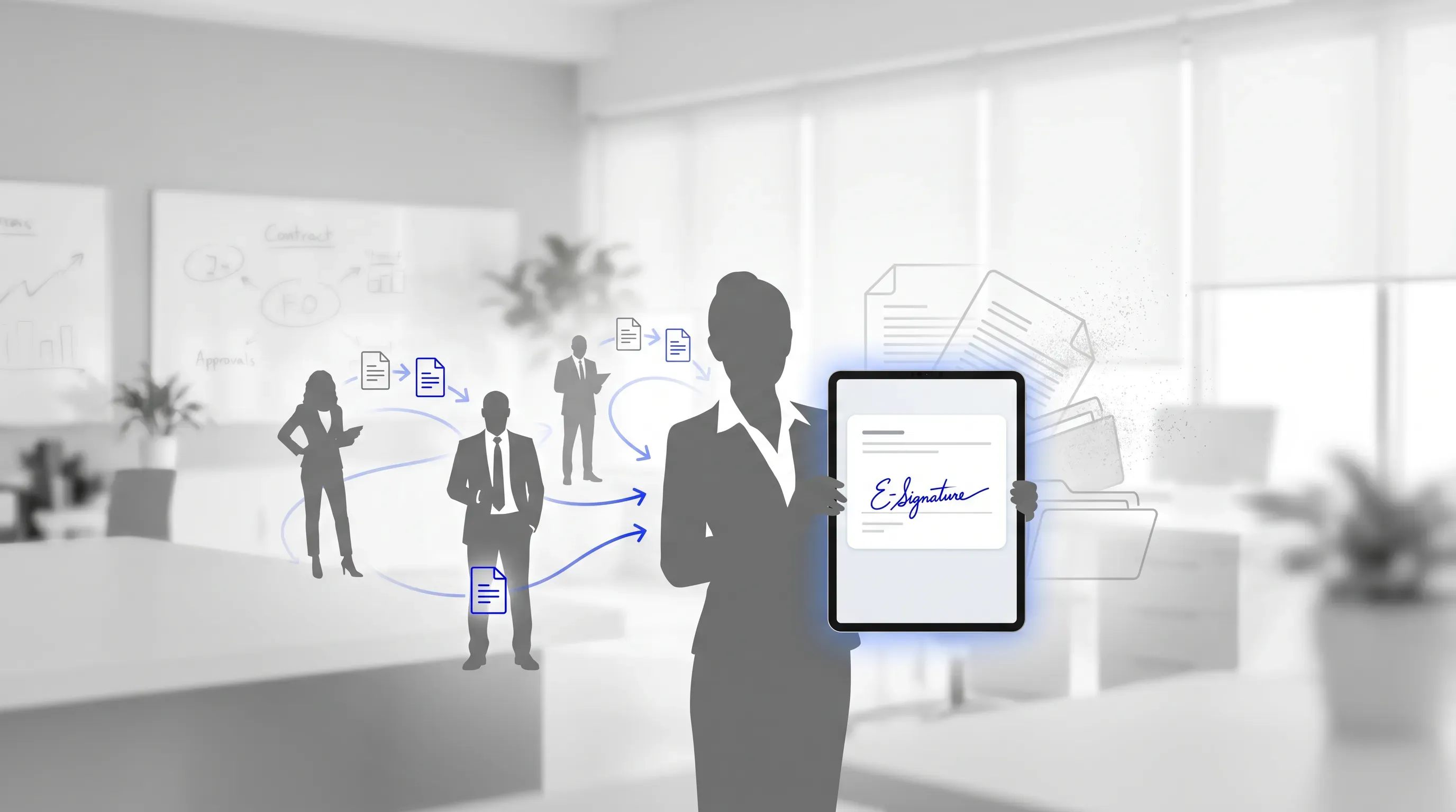 A digital signature interface on a tablet held by a silhouette in a modern office, illustrating the shift from paper to digital workflows.