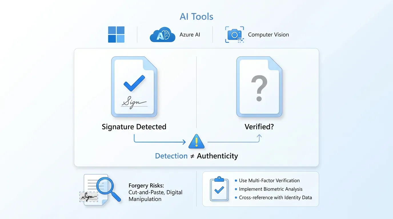 SaaS-style infographic with document icons for 'Signature Detected' and 'Verified?', AI tools, and forgery risk illustration.